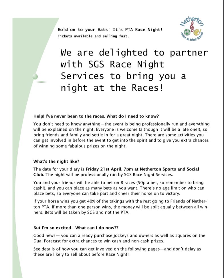 NethertonPTA's tweet photo. #PTARaceNight 
We are very much looking forward to our Race Night on Friday 21st April at Netherton Sports and Social Club!
Please see attached for more information about Race Night
*Tickets now on sale to all from school or a PTA member* #racenight #wakefield https://t.co/QX4XeVEQ52