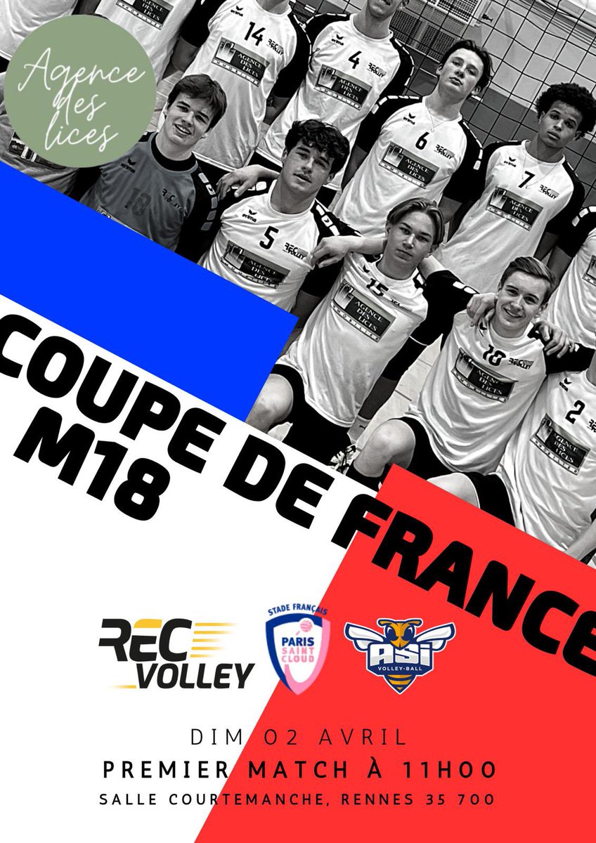 ⚠️ Venez tous supporter les M18 du #RECvolley au 7ème tour de la Coupe de France
👉 Dimanche 2 avril, 11 heures, salle de Courtemanche #onvatoutdonner 
<a href="/metropolerennes/">Rennes Ville et Métropole</a>