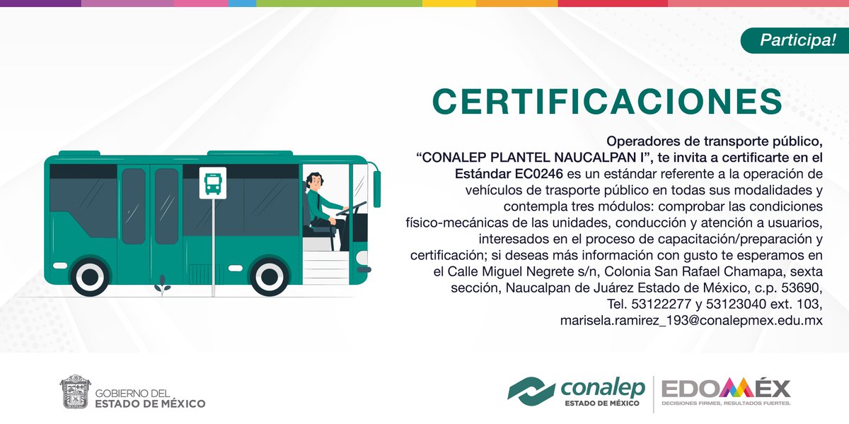 ConalepNauc1's tweet photo. ¡Participa!
Te Invitamos a certificarte en el Estándar EC0246 referente a la operación de vehículos de transporte público.
Contáctanos al Tel. 5553123040 ext. 103
@israeljero
@Conalep_Edomex
#OrgullosamenteCONALE https://t.co/03yJ1BZREh