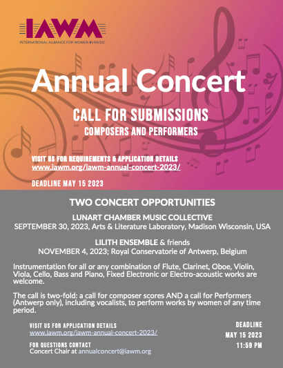 iawmcommunity's tweet photo. Only 1 week left to submit!

We are looking for composers AND performers in this call.

Deadline for submissions is May 15th at 11:59 PM. For more information, please visit our website at https://t.co/6ITXxwsCUv

#iawm #iawmcommunity #internationalallianceforwomeninmusic https://t.co/xLQ8HsVu7x
