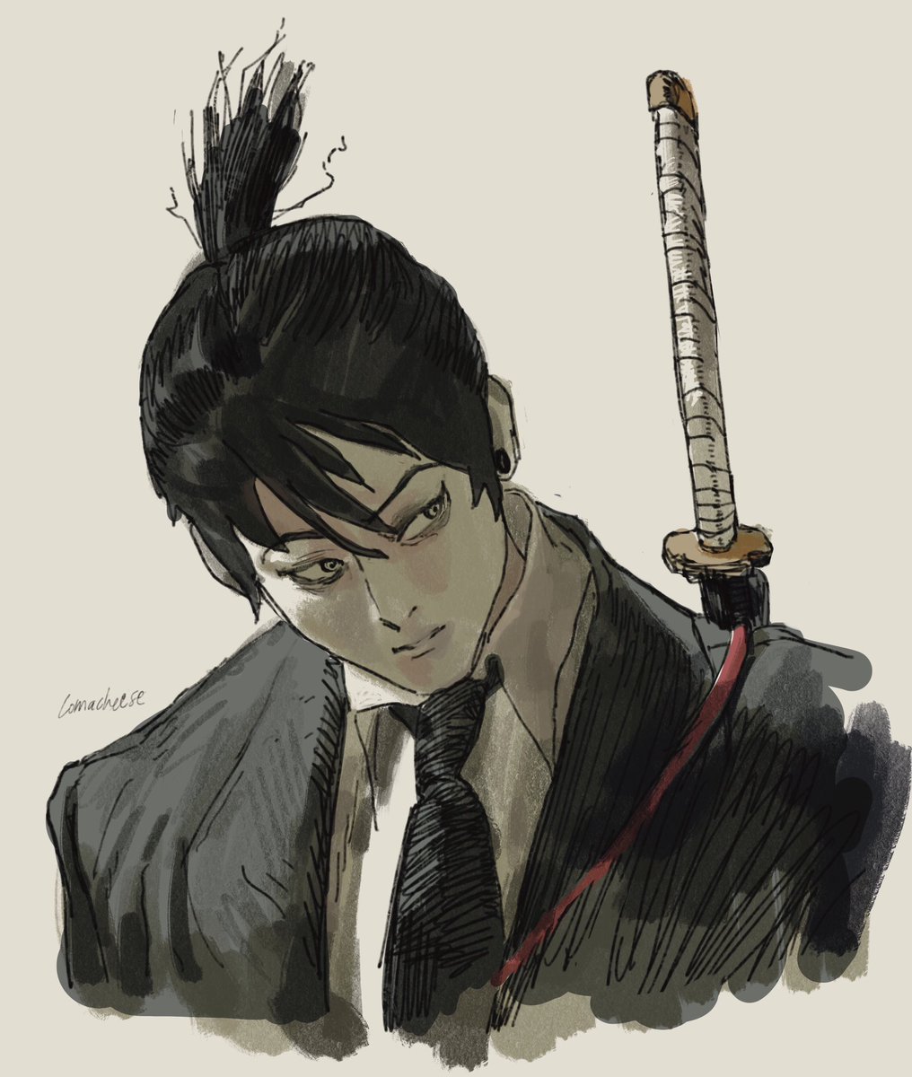 hayakawa aki topknot 1boy weapon sword necktie black hair black necktie  illustration images