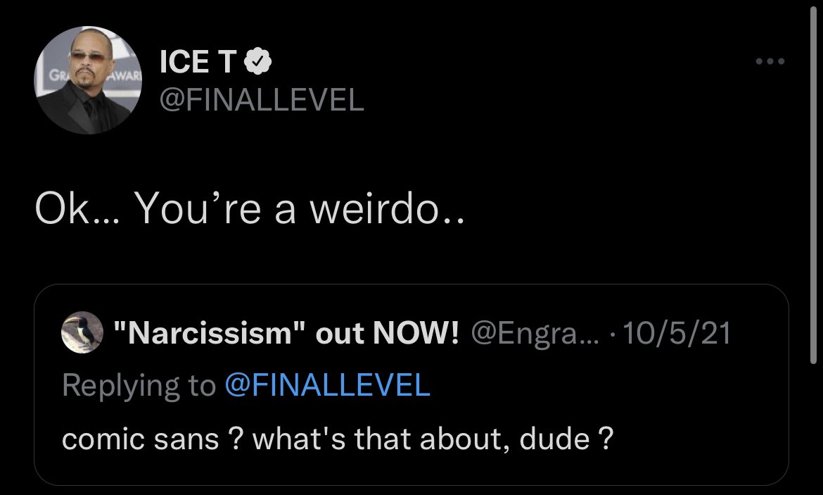 firstclassrice's tweet photo. Ice-T vs. Typography https://t.co/ZUElaH36Qd