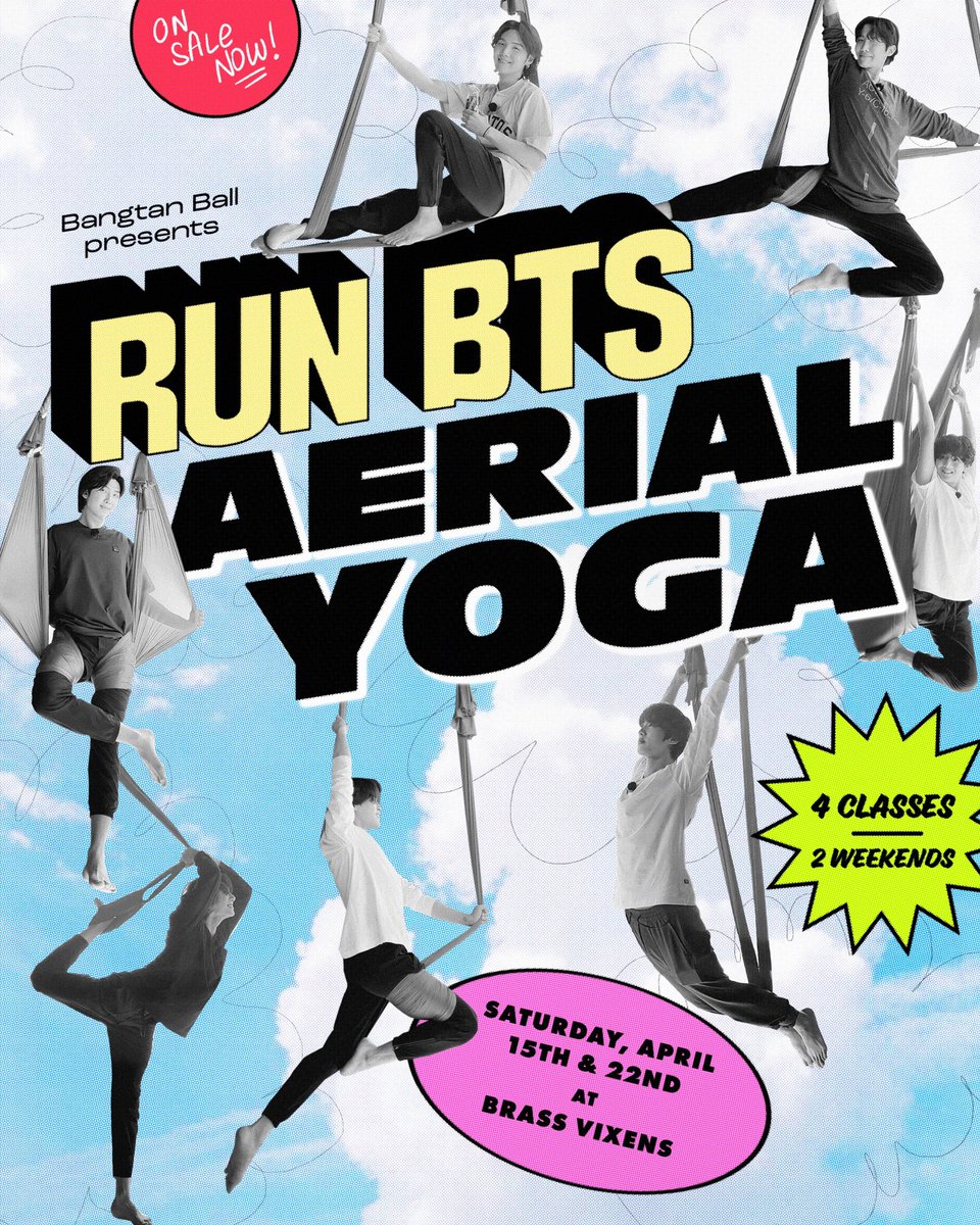 RUN BTS! AERIAL YOGA classes are nearly sold out! Only 8 spots remaining in our 6:30PM class on Saturday, April 22nd 🤗 

ARMY, you really blow us away every single event 💜

Snag your ticket here 🎟️ eventbrite.ca/e/599736968417/