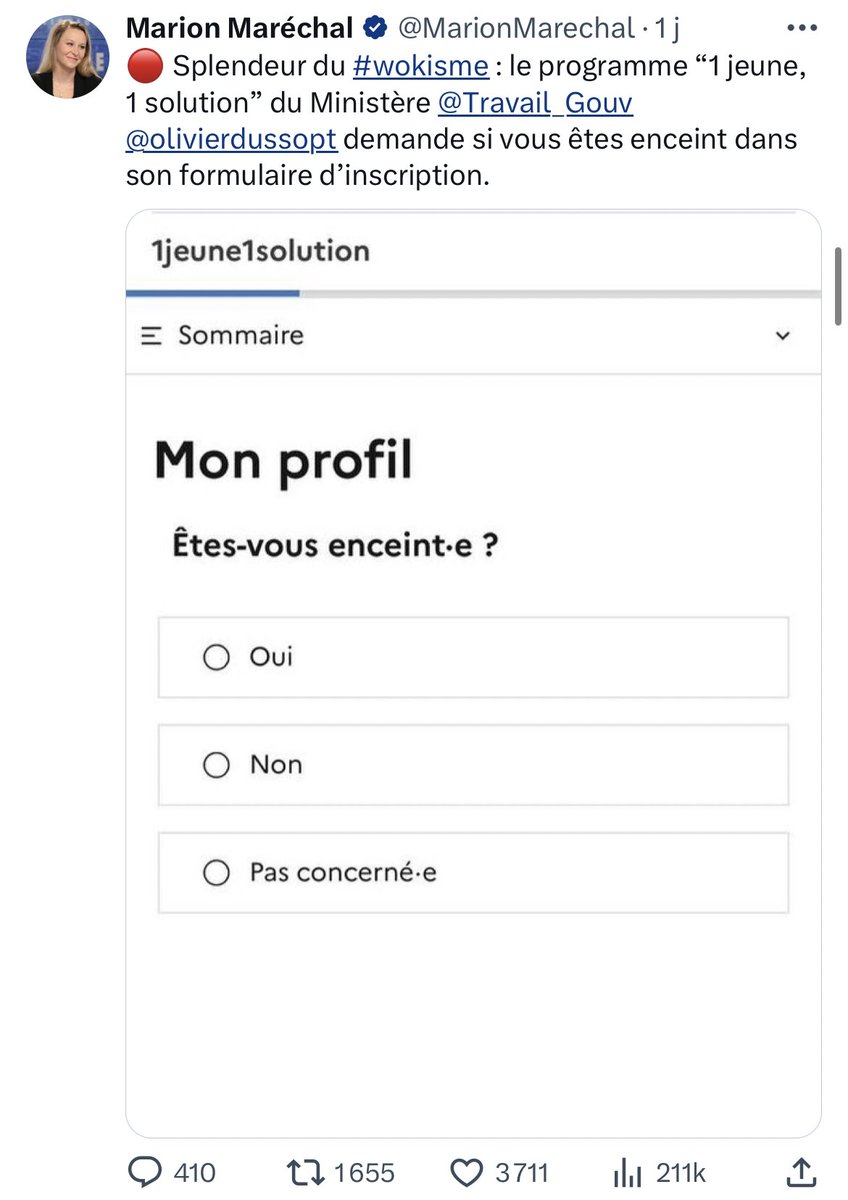 MarionMarechal's tweet photo. Bravo au ministère @Travail_Gouv d’avoir modifié son formulaire woke dans lequel il demandait « êtes-vous enceint•e ? » suite à notre alerte.
Encore un effort et on arrivera peut-être tout simplement à : « êtes-vous enceinte ? » 😉 https://t.co/4xKLb7jIAD