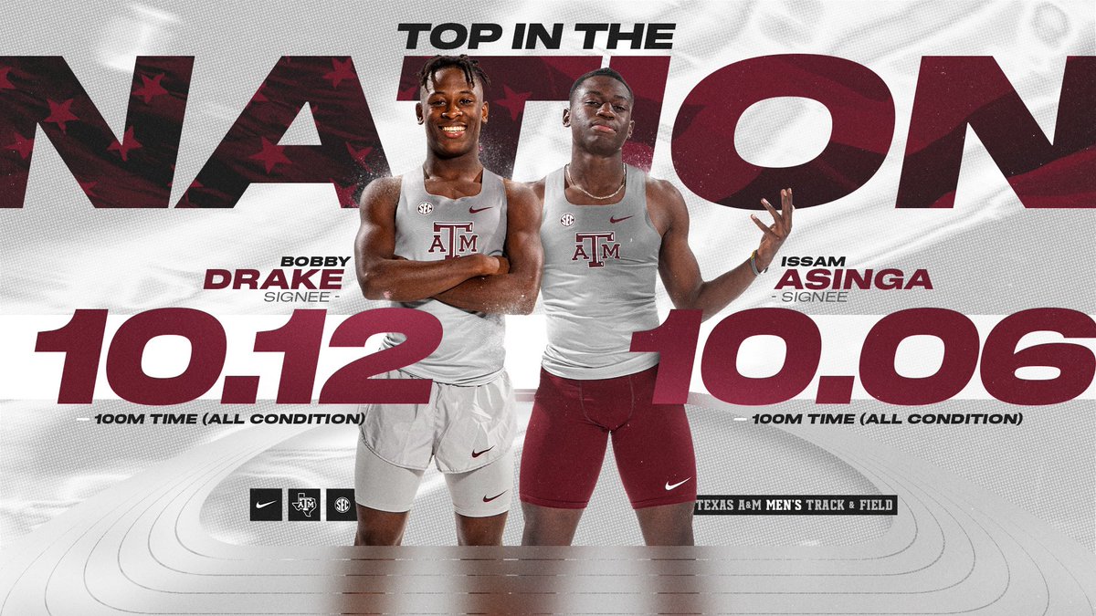 aggietfxc's tweet photo. We’ve got some 🔥🔥 coming to cstat next year 👀

Issam Asinga and Bobby Drake currently boast the top two all-condition times in the 100m among high schoolers this year 👏

#GigEm https://t.co/Hfq3rEanrs