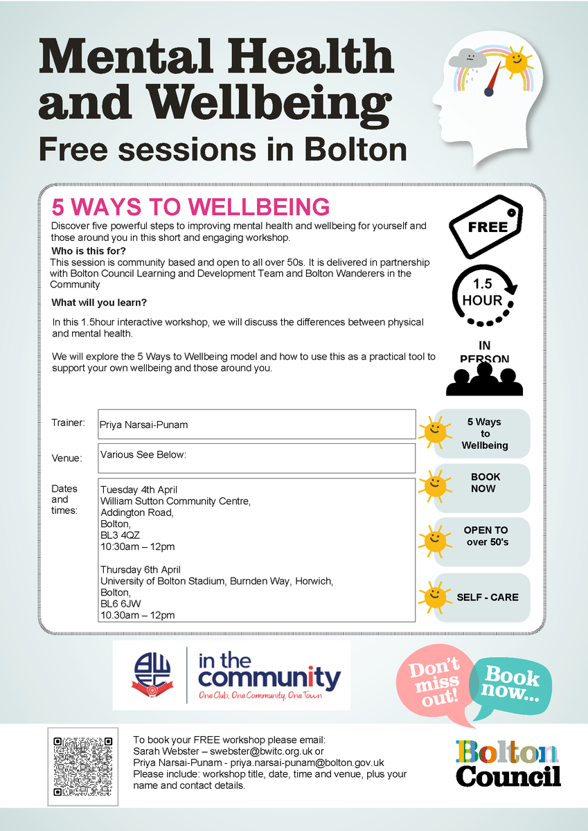 🧠 At the start of April, in partnership with <a href="/boltoncouncil/">Bolton Council</a>, we will be delivering a free Mental Health &amp; Wellbeing workshop for over 50s

👇 See below for details on how to sign up!

#BWitC | #BWFC 🐘🏰