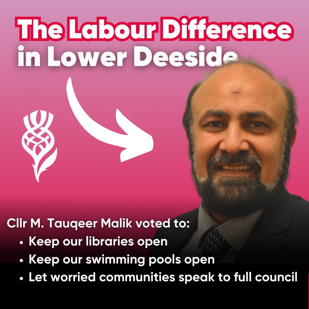 AberdeenLabour's tweet photo. On Monday, @AberdeenLabour's @CouncillorMalik voted:
- to keep our libraries open
- to keep our swimming pools open
- to let worried communities speak to full council
That's the #LabourDifference at work for residents in Lower Deeside. https://t.co/CguwzLCeeY