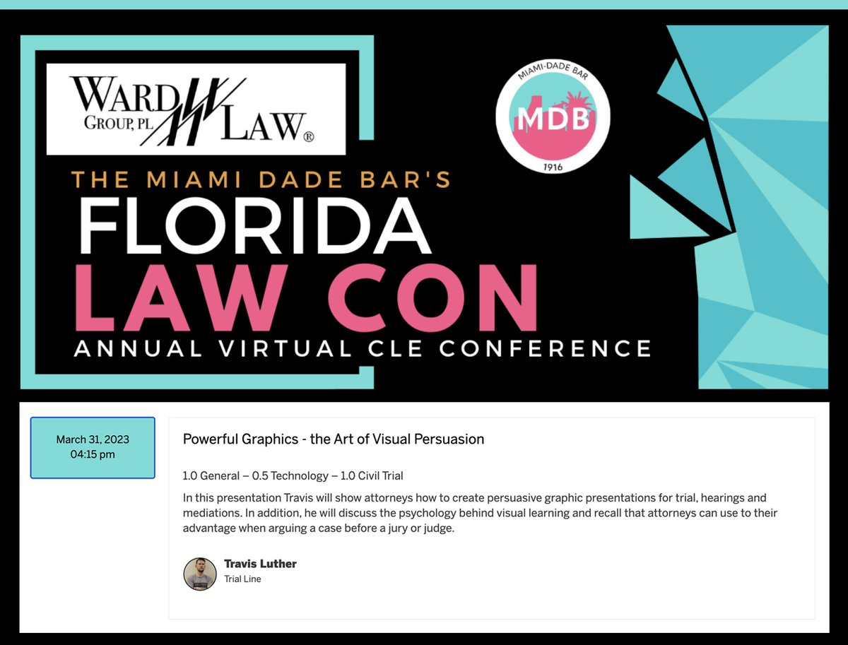 TrialLine's tweet image. Want @travisluther&apos;s tips and tricks for making &quot;sticky&quot; trial presentations? If you&apos;re a member of the @miamidadebar you can catch him this Friday at 4:15pm in the Oak Room of #FloridaLawCon. There&apos;s still time to register at floridalawcon.com