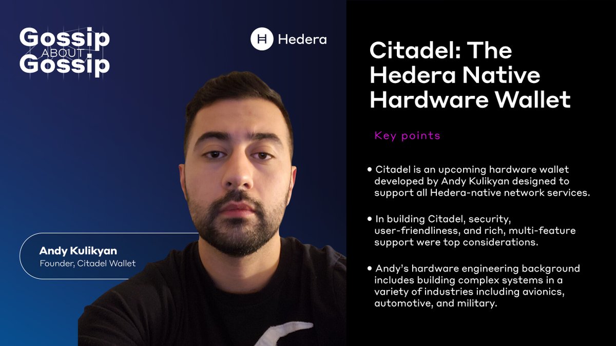 hedera's tweet image. This week on the podcast, we welcome long-time #Hedera community member Andy Kulikyan @hbar_to_moon - Founder of @citadelwallet: the Hedera native hardware wallet with security, user-friendliness, and multi-feature support at the heart of its mission.

🎙️hedera.com/podcast?wchann…