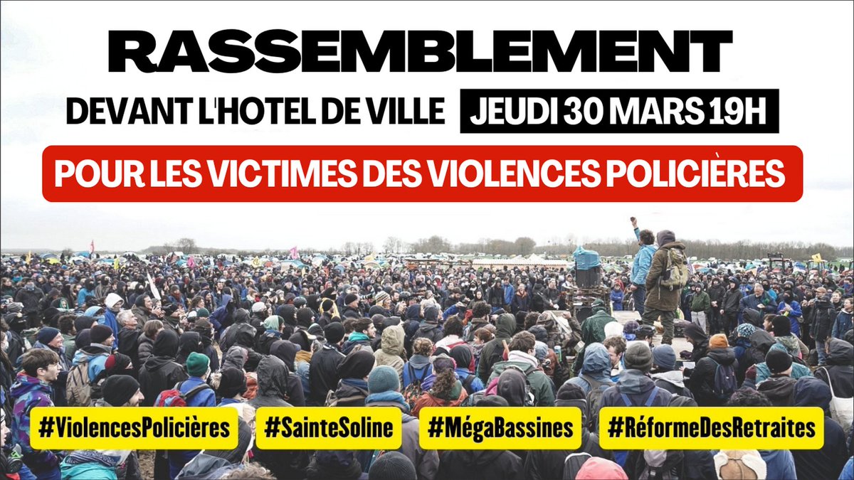 ParisiensDebout's tweet photo. Rassemblement devant l'Hôtel de Ville, jeudi à 19h pour les deux manifestants dans le coma, Sébastien syndicaliste éborgné et toutes les autres victimes de violences policières
#ViolencesPoliceres #DarmaninDemission #ReformeDesRetaites #SainteSoline #megabassines #dissolutionbrav https://t.co/XBE8sFg2KN