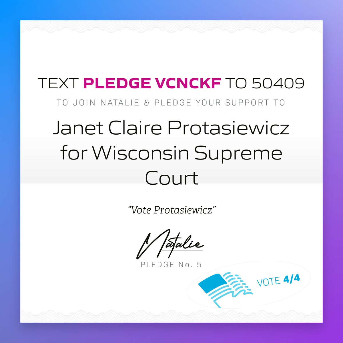 🖋 Natalie in Milwaukee County, Wis. just pledged to support Janet Claire Protasiewicz for Wisconsin Supreme Court! 

Tap to pledge your support &amp; get ready to vote: x.com/messages/compo…