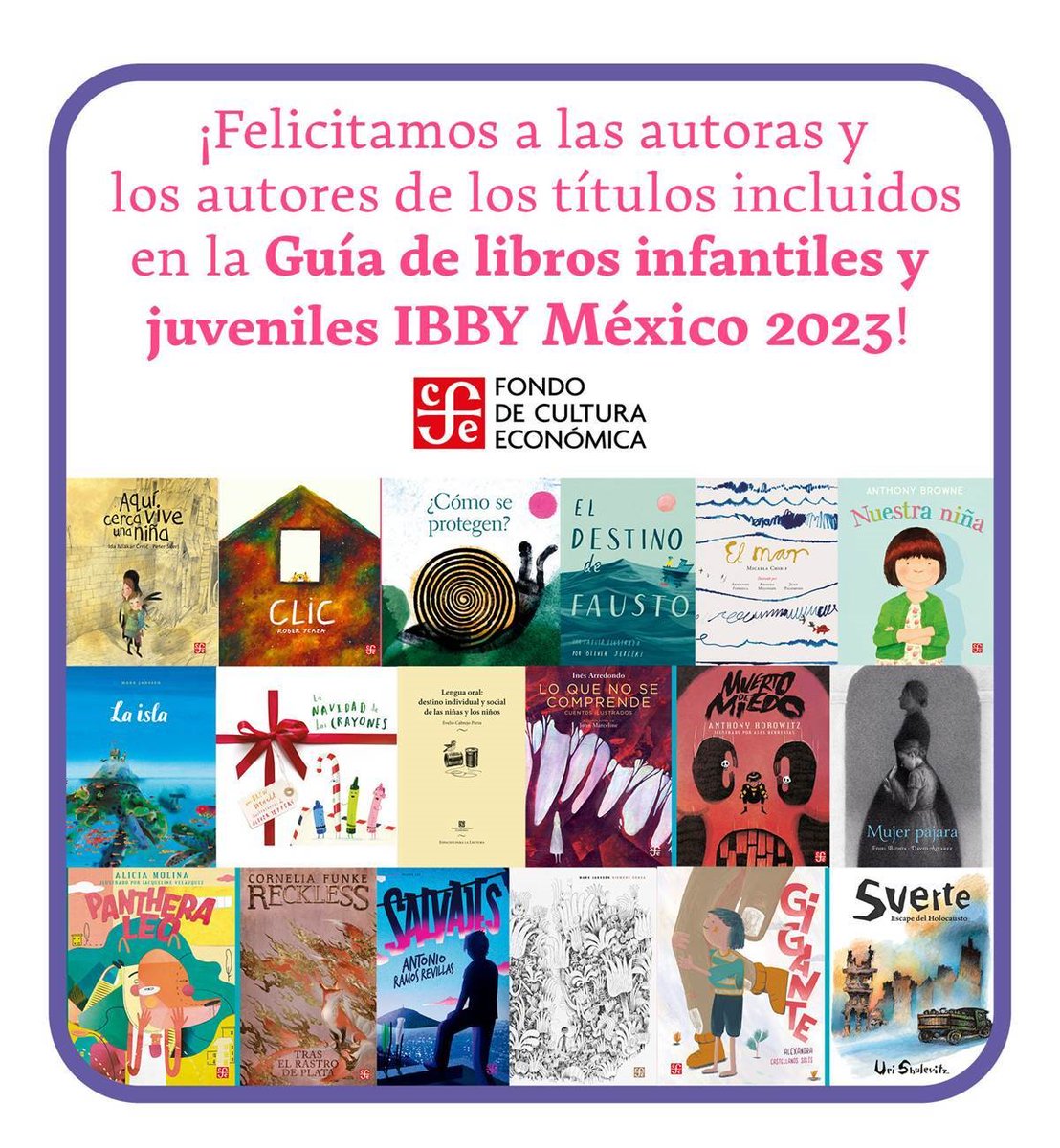 ObrasInfyJuvFCE's tweet photo. ¡Compartimos contigo buenas noticias!
🥳🎉

#GuíadeLibrosInfantilesyJuveniles  
#IBBYMéxico2023 
#FondoDeCulturaEconómica https://t.co/vqFYV2y77I