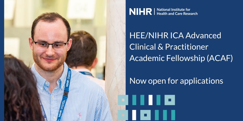 Launching today! The HEE/NIHR ICA Advanced Clinical and Practitioner Academic Fellowship (ACAF). Aimed at #post-doctoral health and social care professionals. Combine #research and your practise. Apply here: nihr.ac.uk/funding/advanc… Not open to doctors or dentists.