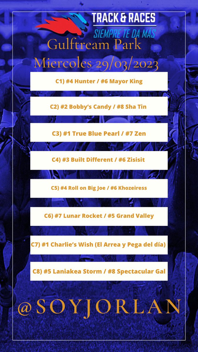 Guía hípica de Arreando y pegando para hoy miércoles 29 de Marzo 2023 en Gulftream Park, mucho éxito para todos en sus combinaciones! 

No Olvides darle Retweet 

Cortesía de <a href="/track_races/">Track and Races</a> 

Si llegamos a 40 Retweet salimos mañana

Sígueme <a href="/soyjorlan/">Jorlan Hernández</a>