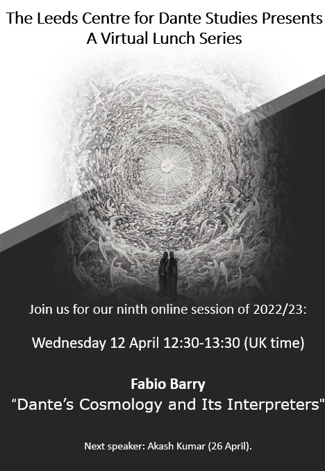 CamillaBambozzi's tweet photo. Looking forward to the ninth appointment of 
@LeedsDante Lunch Series with Fabio Barry on Wednesday 12 April (12:30-13:30 UK time). Register: https://t.co/iHENlTwvaw #dante #medievaltwitter https://t.co/DDCo3iCxqt