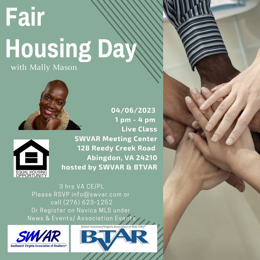 Fair Housing Class with Mally Mason on April 6th at 1 pm. @swvar @BTVAR