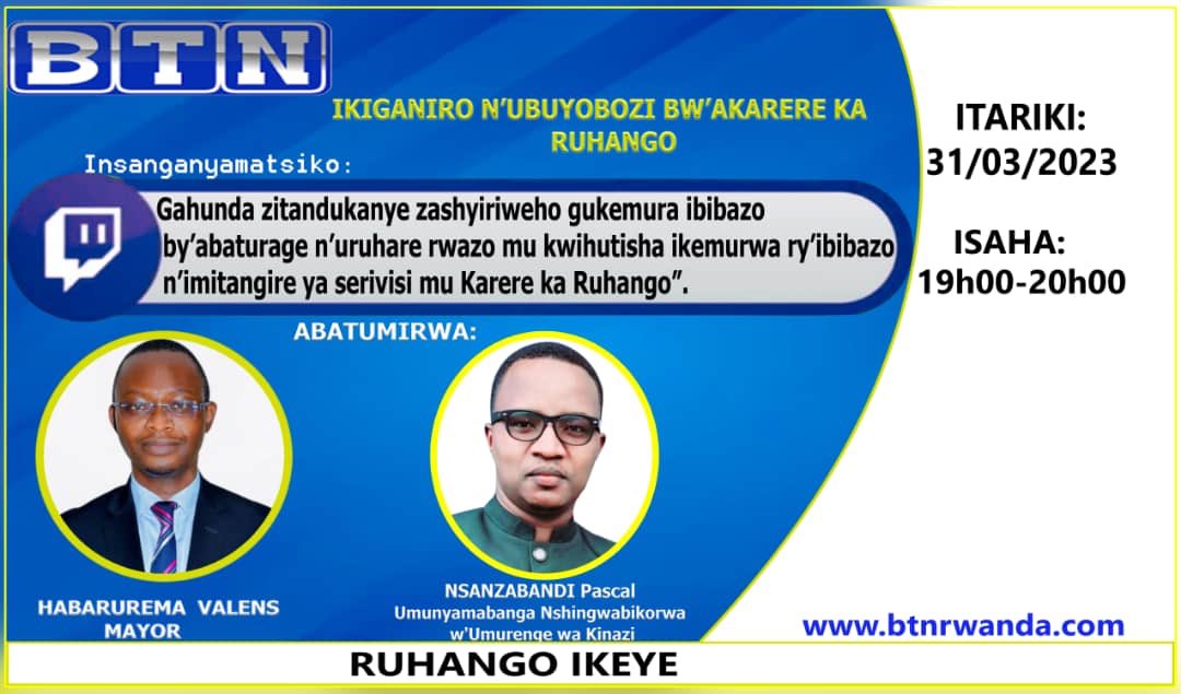 Tubararikiye Ikiganiro n’ubuyobozi bw’akarere ka Ruhango kuri Gahunda zashyiriweho abaturage mu gukemura ibibazo byabo no kunoza imitangire ya serivisi muri aka karere.
Ni kuri uyu wa5 kuva saa moya z’umugoroba.

Ufite ikibazo cyangwa igitekerezo wakinyuza aha tukazagutumikira.