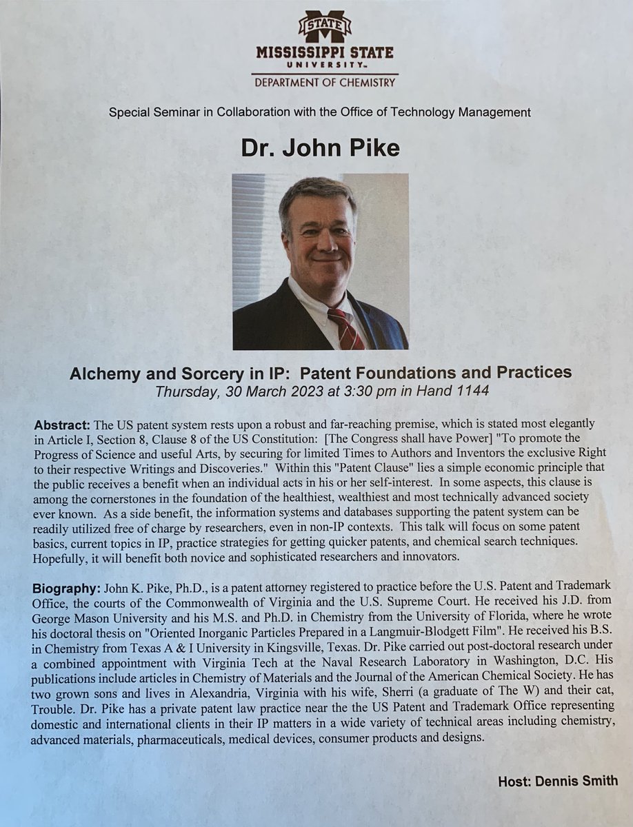 polychemdogs's tweet image. MS State Chemistry Seminar welcomes IP lawyer, John Pike 3/30.