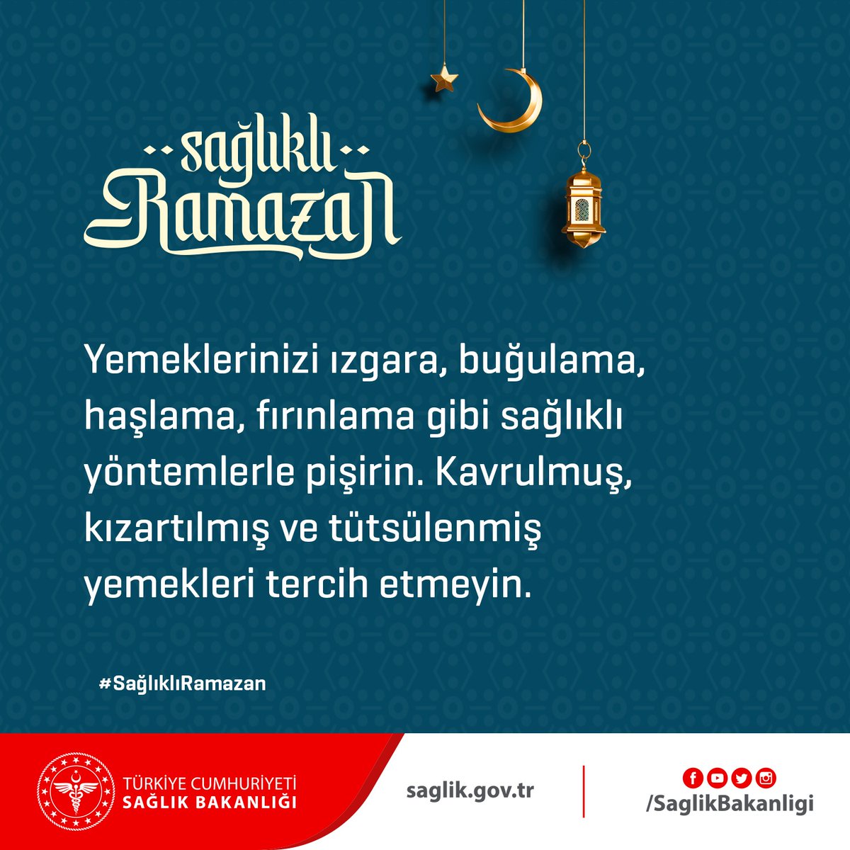 Yemeklerinizi ızgara, buğulama, haşlama, fırınlama gibi sağlıklı yöntemlerle pişirin. Kavrulmuş, kızartılmış ve tütsülenmiş yemekleri tercih etmeyin.
#SağlıklıRamazan