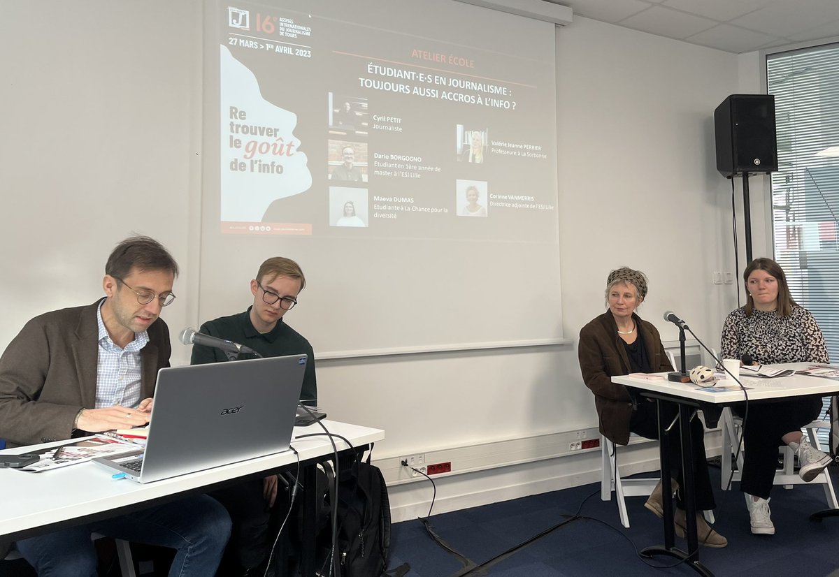 Les étudiants en école de journalisme sont-ils toujours aussi accros à l’info ? 
C’était le thème du débat mené ce matin par <a href="/c_vanmerris/">Corinne Vanmerris</a> à l’occasion de la deuxième journée des <a href="/LesAssises/">Assises du Journalisme</a> à #Tours. 
En présence de <a href="/CyrilPetit/">Cyril Petit</a>, Dario Borgogno, Maeva Dumas et <a href="/PascalGuenee/">Pascal GUENEE</a>
⬇️