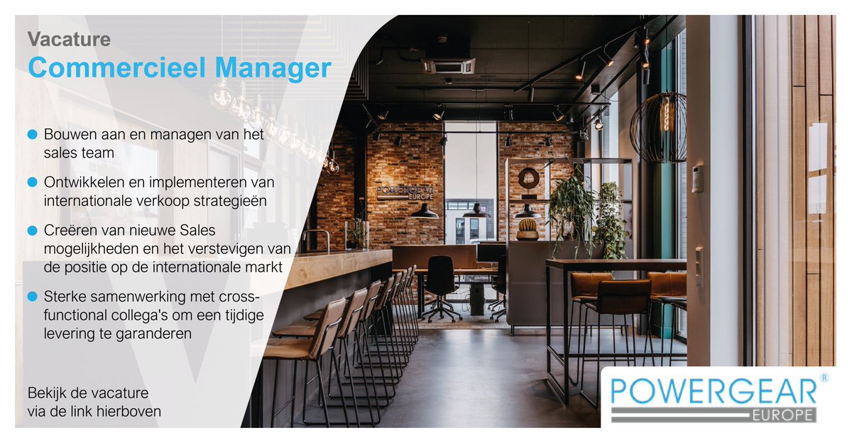 _Voltys's tweet image. Powergear Europe zoekt op dit moment een Commercieel Manager om de bestaande groei in de internationale markt verder uit te bouwen.