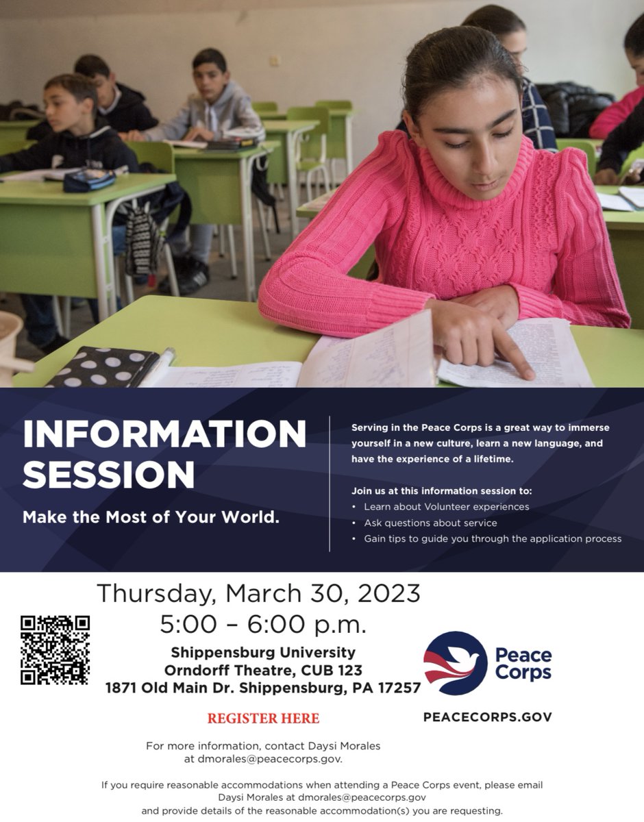 Join us on Thursday, March 30th at 5pm in CUB 123 to learn more about Peace Corps and have any lingering questions answered!