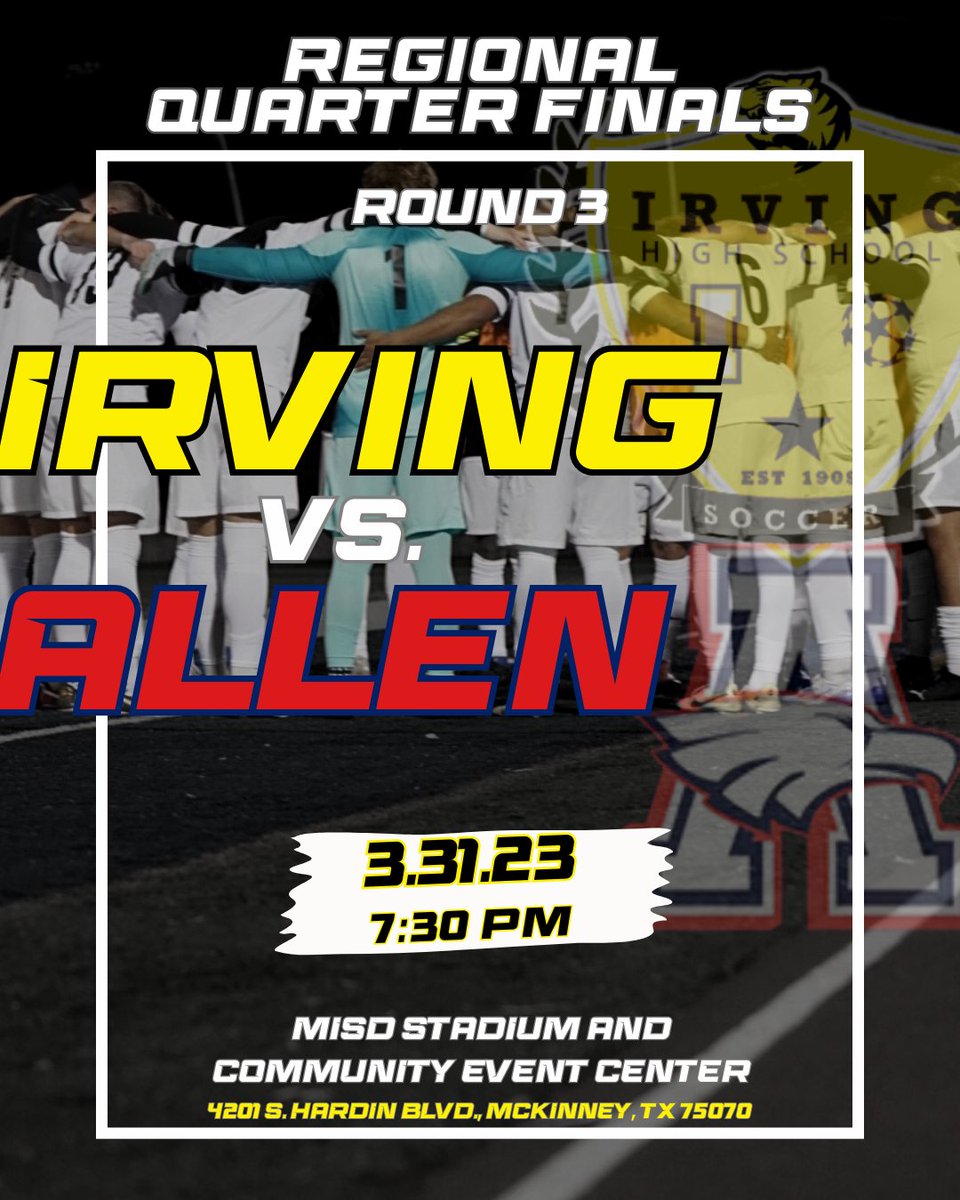 Round 3 is set! See you all back at McKinney ISD Stadium!

#TigerSoccer #OnTheHunt #TigerFamily #UILRegionalQtr #UILSoccer #TexasTornadoDesigns
@sambacker61 @CoachRobIHS @IISDAthletics @marketingihs @IrvingISD @IrvingHigh @coach_coronado7 @LethalSoccer @SportsDayHS