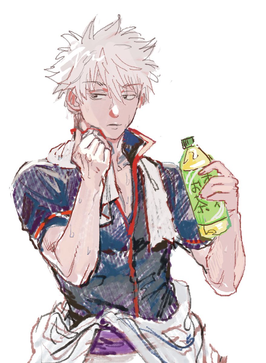 sakata gintoki 1boy solo male focus holding bottle towel around neck holding white background  illustration images