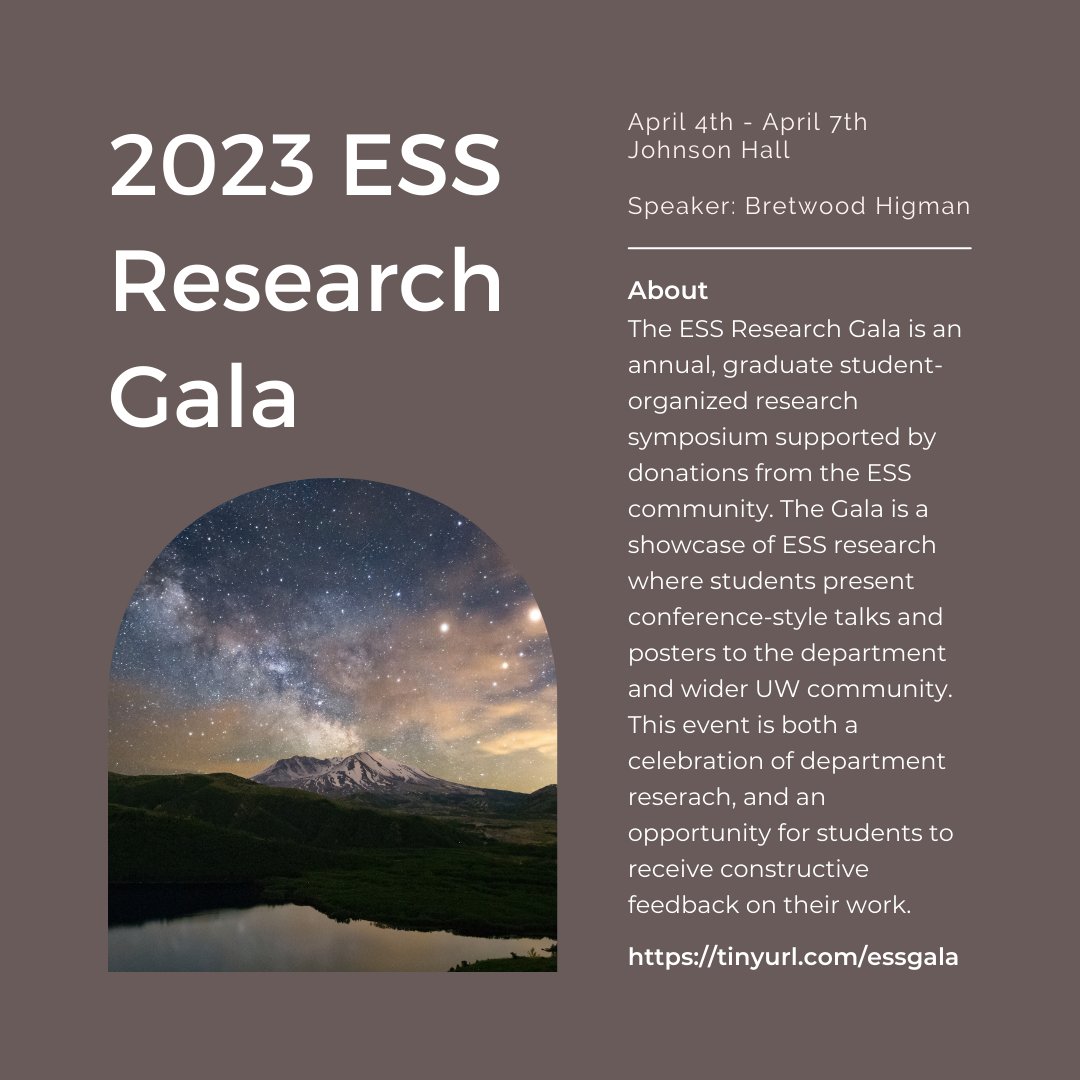 The 2023 ESS Research Gala will take place on April 4th - April 7th. This year we have nearly 60 presentations lined up!

Check back in next week for more information on the Gala schedule and how you can help make this event a success!

Photo: UW Photography by Soren Johnson