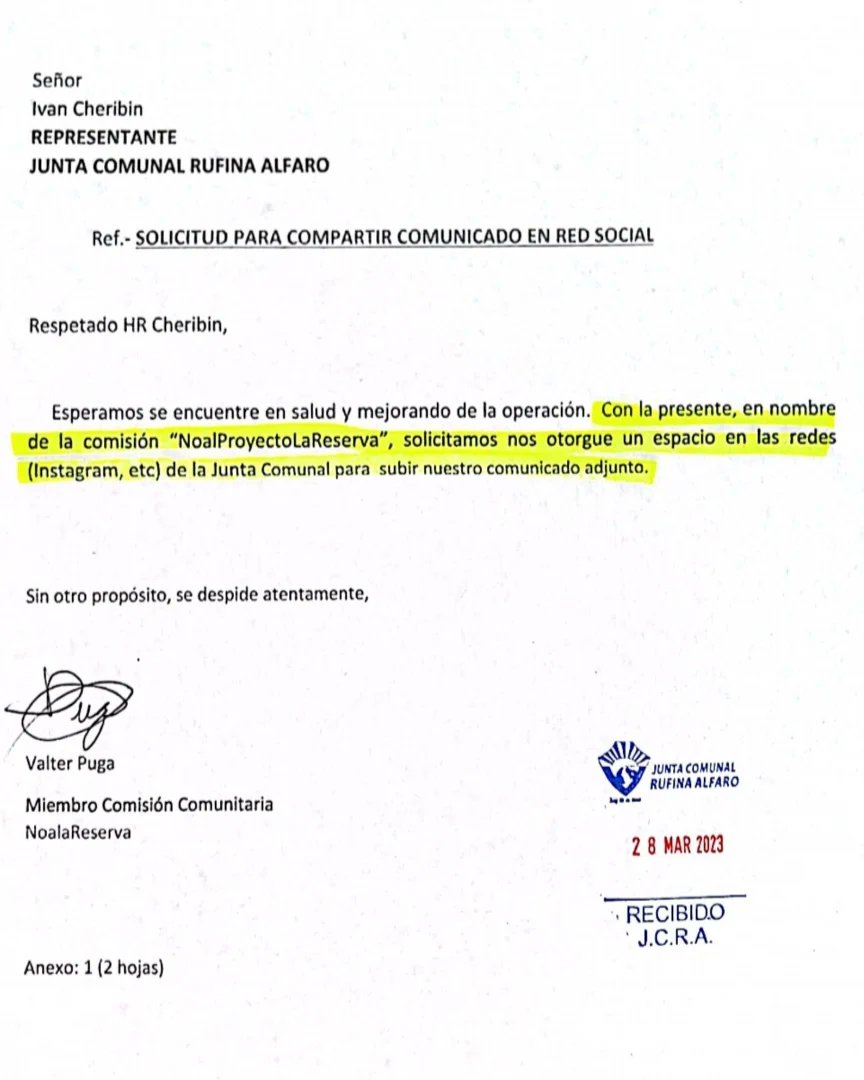 JCRufinalfaro's tweet image. Atendiendo solicitud de los vecinos de Cerro Viento publicamos comunicado de los organizadores de la comunidad ante la situación y postura de la comunidad y respaldada por sus autoridades del Proyecto NO A LA RESERVA. 
Con respeto y organización se logran objetivos.