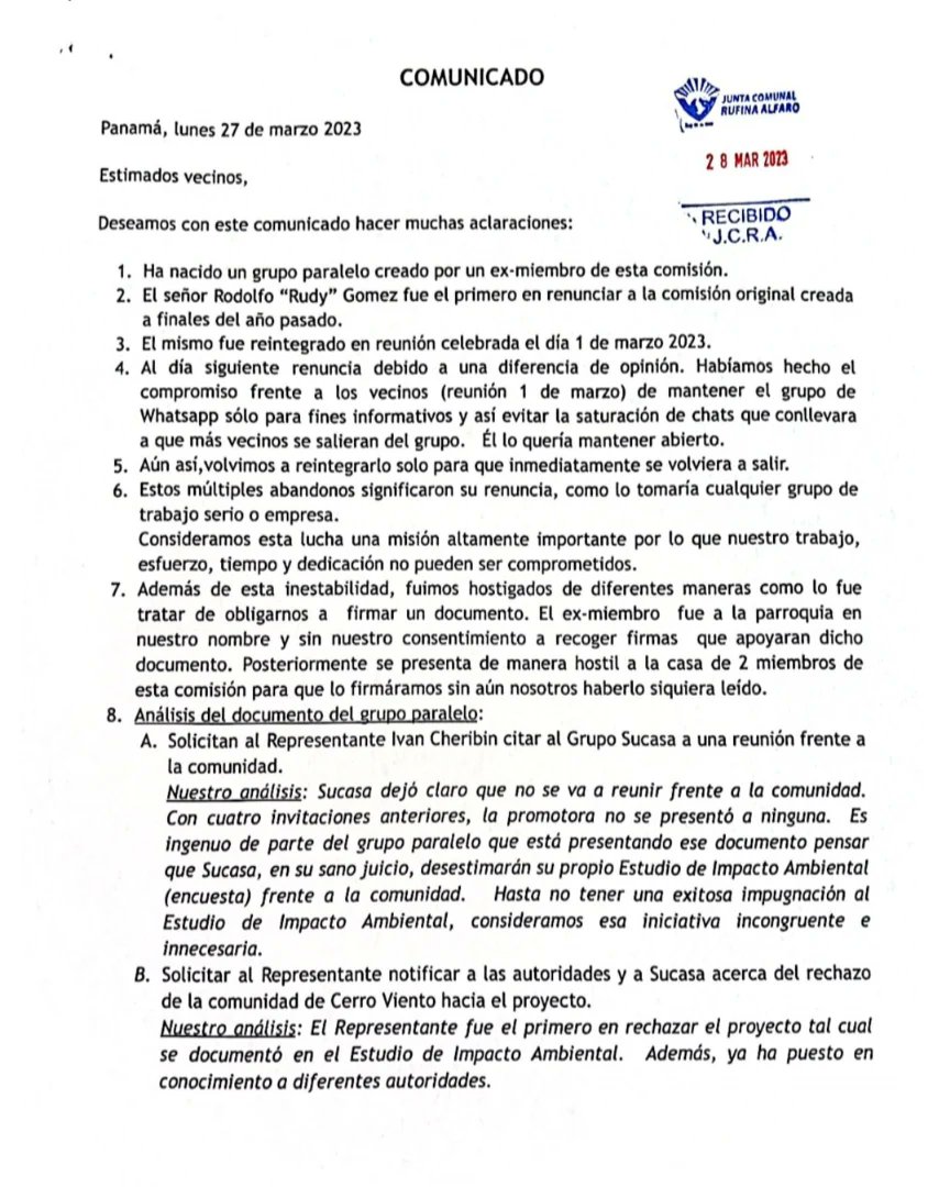 JCRufinalfaro's tweet image. Atendiendo solicitud de los vecinos de Cerro Viento publicamos comunicado de los organizadores de la comunidad ante la situación y postura de la comunidad y respaldada por sus autoridades del Proyecto NO A LA RESERVA. 
Con respeto y organización se logran objetivos.