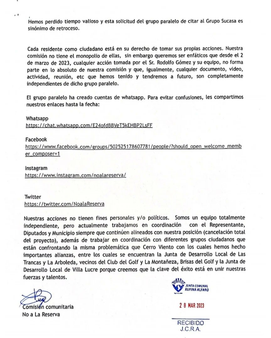 JCRufinalfaro's tweet image. Atendiendo solicitud de los vecinos de Cerro Viento publicamos comunicado de los organizadores de la comunidad ante la situación y postura de la comunidad y respaldada por sus autoridades del Proyecto NO A LA RESERVA. 
Con respeto y organización se logran objetivos.