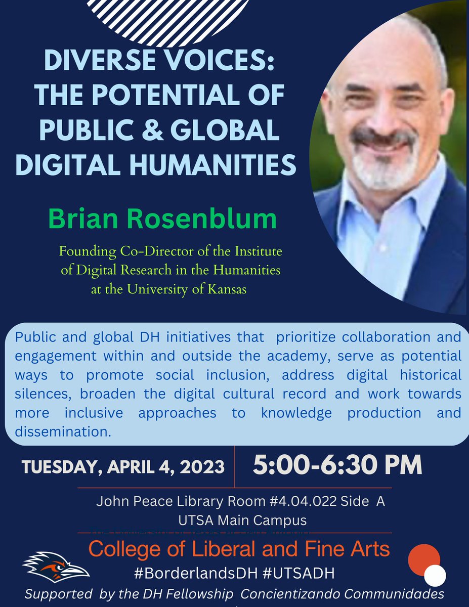 sferna109's tweet image. Super excited to have @blros next week in @UTSACOLFA @UTSA_Libraries ! A talk on global public and digital humanities open to everyone in the area, join us! Tuesday, April 4th, 5-6:30 pm in JPL Library. #publichumanities #digitalhumanities #globalDH #BorderlandsDH #UTSAdh