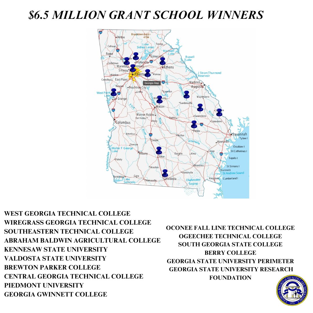 GaBoardHCW's tweet photo. The following schools have been selected as winners of the $6.5 million dollar nursing grant that will help schools with waitlists. The map shows a diverse group of schools that were selected from around the state. Congratulations to all the winners. #nurses #schools https://t.co/CODXGC4fKv