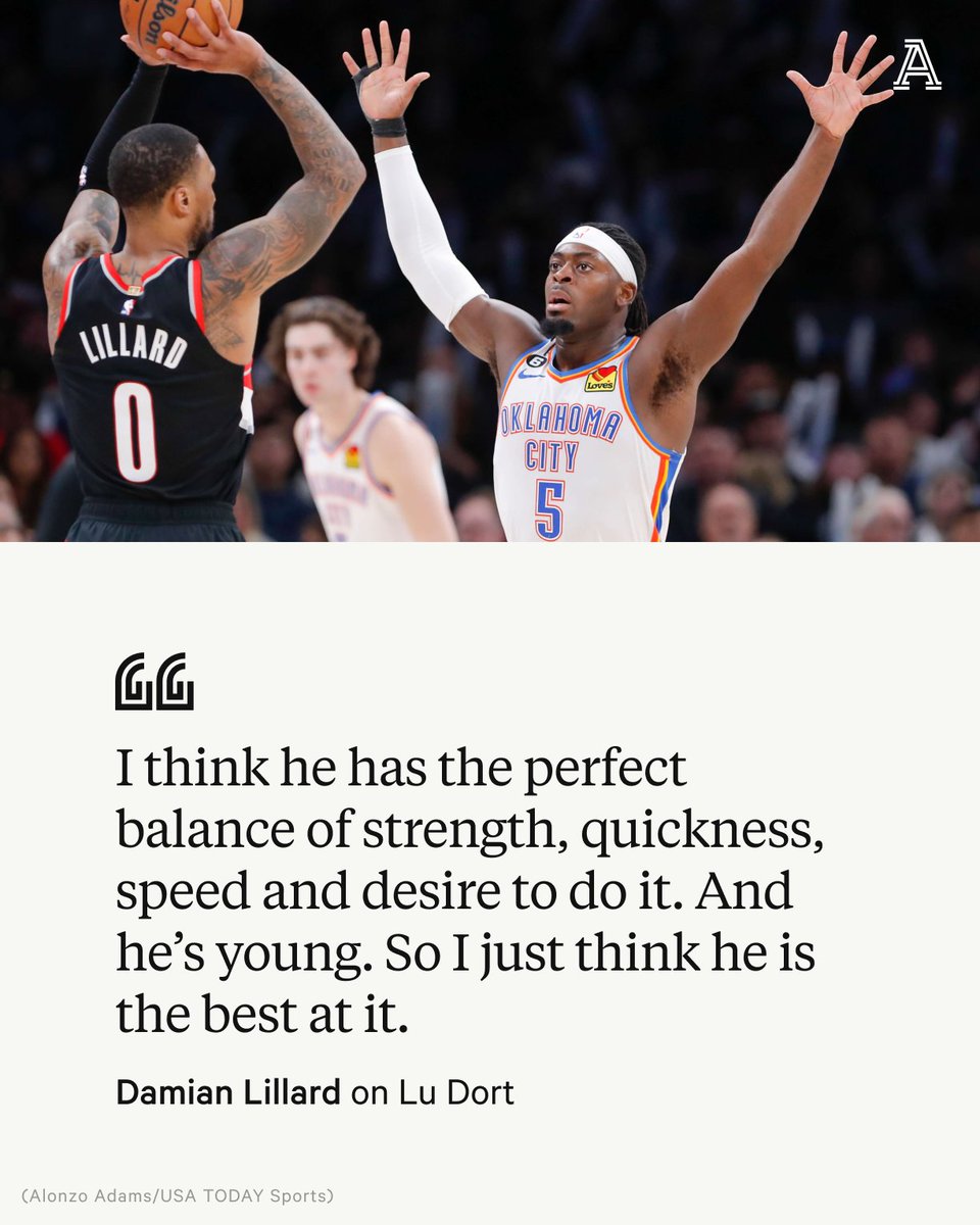 TheAthleticNBA's tweet photo. It didn’t take Damian Lillard long to answer who he thinks is the best defender in the NBA.

“Lu Dort.”

@jwquick on the Thunder’s defensive ace: https://t.co/lPvb8CTQjJ https://t.co/obW5jTAsqj