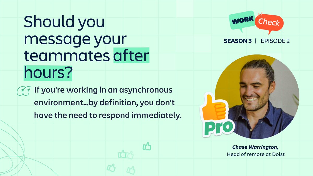 leahtaylor's tweet photo. Should you message your teammates after hours?

@Doist's Head of Remote, @dcwarrington joins @Atlassian Work Check Podcast to talk about setting personal boundaries with work communications &amp; how to communicate those expectations with your team https://t.co/UtyHPBUkRb
#workcheck https://t.co/8U3LHJuS1h