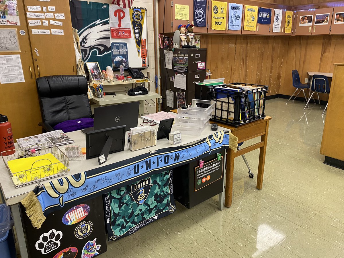Just switched back to my other building to finish out the school year… #doop desk with signed bandanna (2022 team) & scarf (2023 team) and #doop wall ready to go! #middleschoolteacher #facsteacher @PhilaUnion @AleBedoya17 @totwag