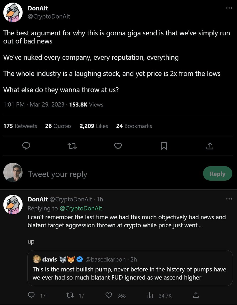 In case you haven't figured it out yet.

1. The entire crypto market is controlled by less than twenty players.

2. They have shills on Twitter to try and scare you into trading.

3. They can make the market trade however they want, regardless of the news with wash trading.