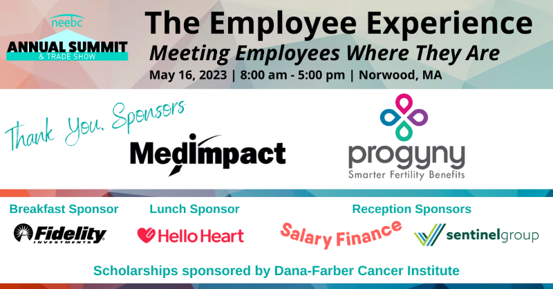 NEEBC's tweet photo. #NEEBCSummit2023 sponsors help underwrite the extensive content, networking opportunities &amp; social reception that make this the region’s premier benefits conference. Thank you, sponsors: @MedImpact, @Progyny, @Fidelity, @HelloHeartApp, @salaryfin, @Sentinel__Group,
@DanaFarber.