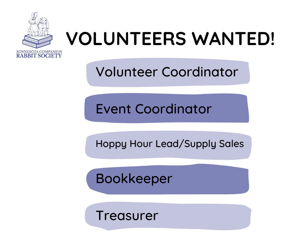 MNRabbitSociety's tweet photo. Volunteers Wanted!
Can you help us? MCRS is looking to fill volunteer positions!
-Volunteer Coordinator 
-Event Coordinator
-Hoppy Hour Lead/Supply Sales
-Bookkeeper
-Treasurer

Learn more &amp; apply!
https://t.co/IutOTqgh3m

#mcrs #volunteer #minnesota #rabbits https://t.co/kQ7KXDqlwp