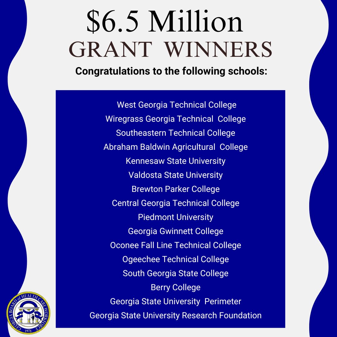 GaBoardHCW's tweet photo. The following schools have been selected as winners of the $6.5 million dollar nursing grant that will help schools with waitlists. The map shows a diverse group of schools that were selected from around the state. Congratulations to all the winners. #nurses #schools https://t.co/CODXGC4fKv