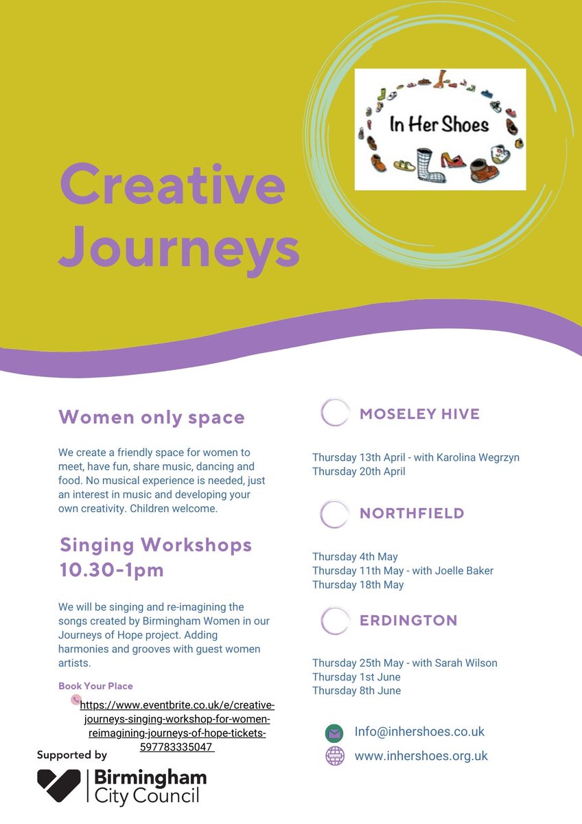 We're excited to share details of our new project Creative Journeys: singing workshops for women re-imagining the songs from our Journeys of Hope Project, starting off at @MoseleyHive on 13th April. Generously supported by @BhamCityCouncil #women Details:eventbrite.co.uk/e/creative-jou…