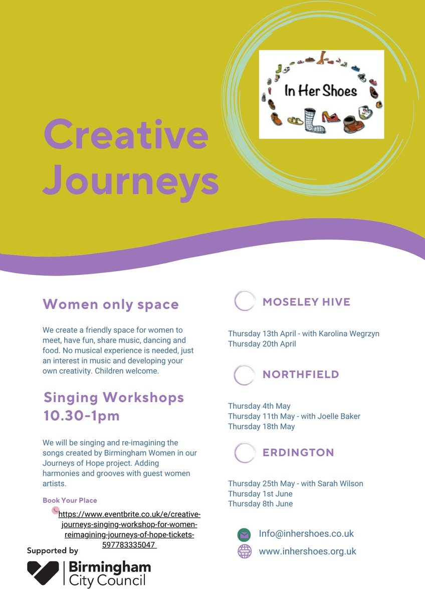 In Her Shoes (@inhershoes5) on Twitter photo We're excited to share details of our new project Creative Journeys: singing workshops for women re-imagining the songs from our Journeys of Hope Project, starting off at <a href="/MoseleyHive/">Moseley Hive</a> on 13th April. Generously supported by <a href="/BhamCityCouncil/">Bham City Council</a> #women
Details:eventbrite.co.uk/e/creative-jou… We're excited to share details of our new project Creative Journeys: singing workshops for women re-imagining the songs from our Journeys of Hope Project, starting off at <a href="/MoseleyHive/">Moseley Hive</a> on 13th April. Generously supported by <a href="/BhamCityCouncil/">Bham City Council</a> #women
Details:eventbrite.co.uk/e/creative-jou…