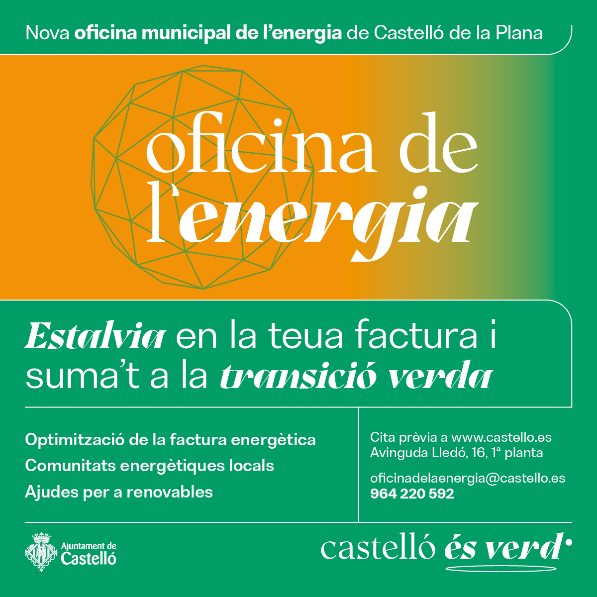 👉 L’Oficina de l’Energia de Castelló assessora a més de 80 famílies en els seus dos primers mesos.

☀️ Transició Ecològica ofereix aquest servei per a reduir la despesa als llars i impulsar l’autoconsum.

📍Cita prèvia al web castello.es

ℹ️ bit.ly/40nLFAD