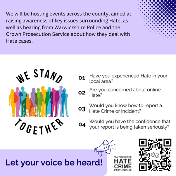 Come and join us on 18th April, 6-8pm ONLINE or on 25th April, Benn Hall Rugby 6-8pm. (Leamington Spa and Nuneaton dates TBC)

Register at: eventbrite.co.uk/o/equality-and…