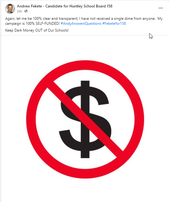 TruthHuntley's tweet photo. Pritzker announced he is spending $800k to help fund school board races. Fekete's wife reaches out to him on Twitter constantly. Fekete's name appears on a mailer funded by DPI. Fekete still claims he's not receiving funding but doesn't prove he paid back DPI for the mailer. https://t.co/5pIXGUKBRy
