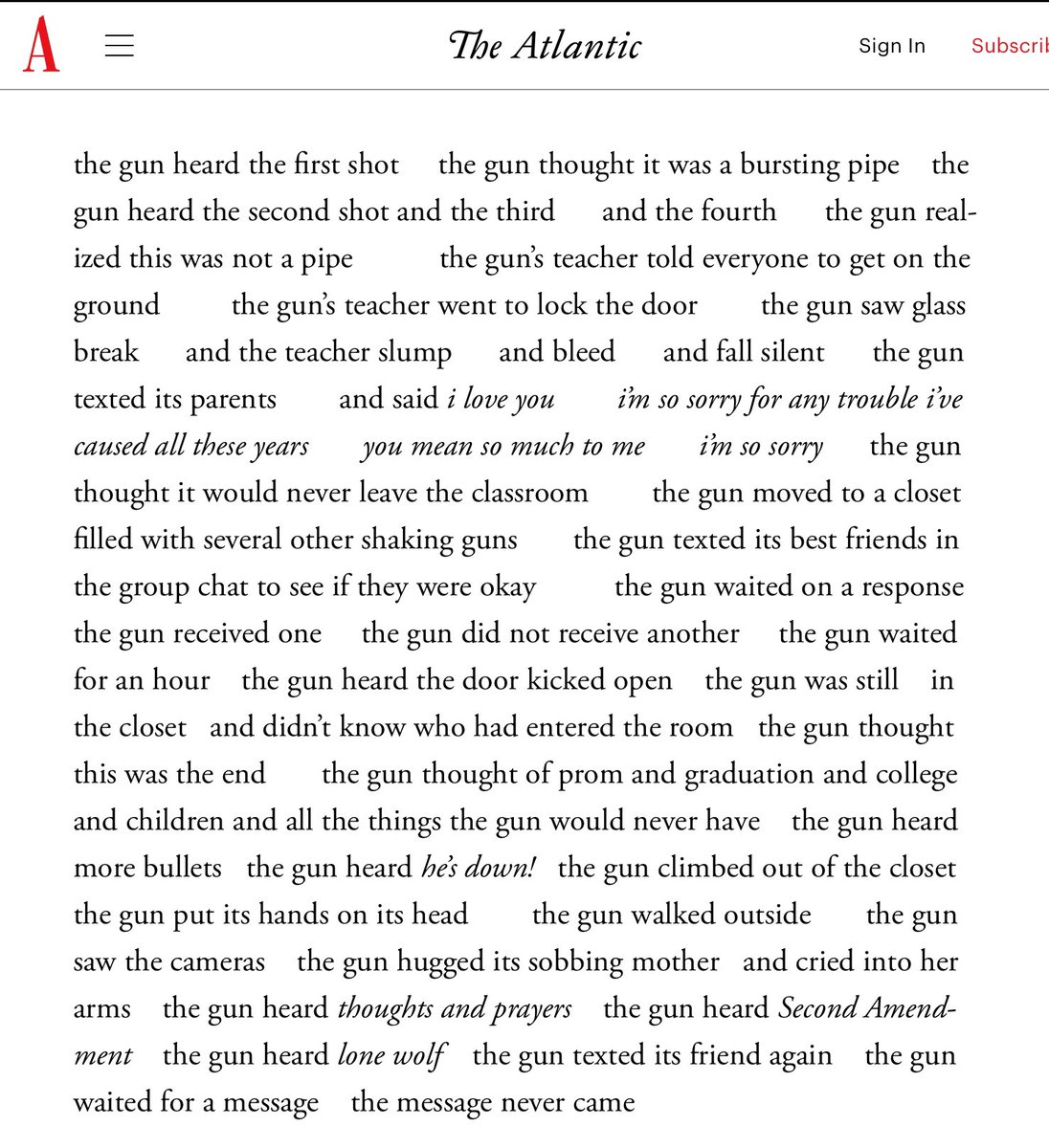 I have a poem, “The Gun,” published in <a href="/TheAtlantic/">The Atlantic</a> today from my new book.

Hate how relevant it is. Hate how timely it continues to be. Hate how we could do something to stop this from happening, but continue not to.

theatlantic.com/books/archive/…