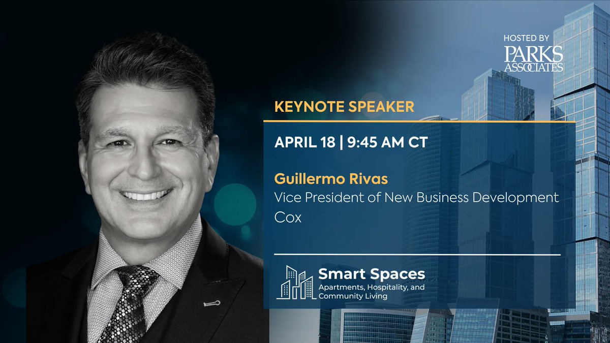 ParksAssociates's tweet photo. We're thrilled to announce that Guillermo Rivas from @CoxComm will be speaking at @SmartSpacesConf on April 18 at 9:45 AM CT! 🏗🏢Use promo code "SSC23-1000MDU" to register for a special $1000 rate.👨💻 https://t.co/yQJPdNHL6i
#SmartSpaces23 #MDU #multifamily #smarthone https://t.co/XbHfHt9371