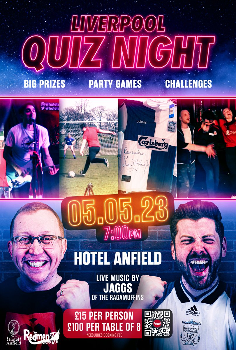 TheRedmenTV's tweet photo. 🤔 𝗟𝗜𝗩𝗘𝗥𝗣𝗢𝗢𝗟 𝗤𝗨𝗜𝗭 𝗡𝗜𝗚𝗛𝗧 🤔

💥TICKETS ON SALE NOW💥

Join our #LFC quiz night - a pub quiz with a MASSIVE Redmen twist 👀

Boss prizes, mad games &amp; amazing entertainment 🤩

📍 @hotelanfield 
🗓️ 05.05.23
⏰ 7.00pm
🎸 @TheRagamuffins
🎟️ https://t.co/wDUu6VnRgq https://t.co/TFDh0bUrLK