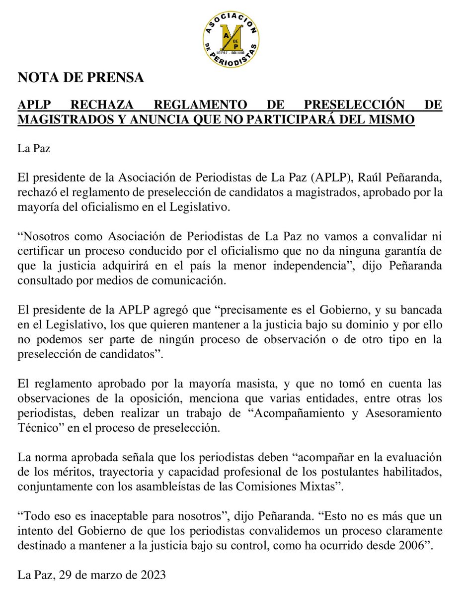 APLP RECHAZA REGLAMENTO DE PRESELECCIÓN DE MAGISTRADOS Y ANUNCIA QUE NO PARTICIPARÁ DEL MISMO